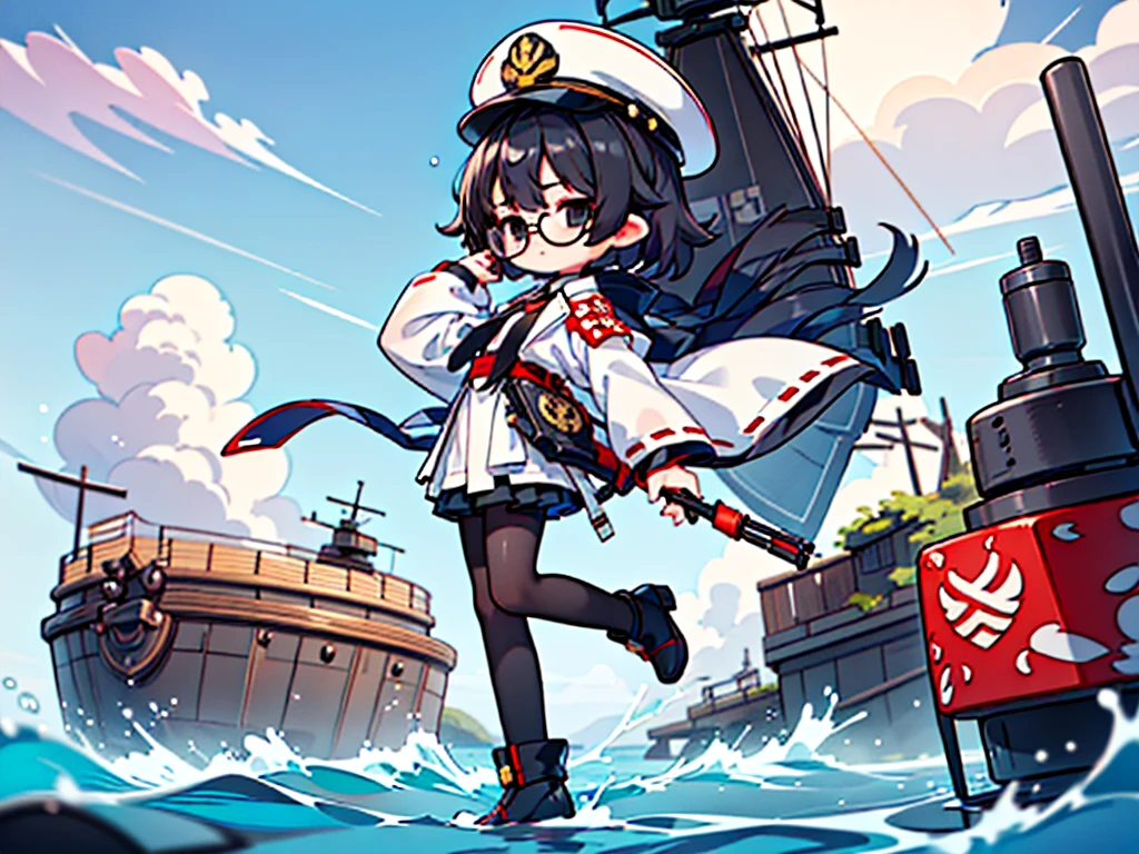 (((masterpiece, Vision))), ((((Full body of a woman with perfect flat chest、1 Female、solo、Short unkempt black hair、Tie your messy hair at the nape of your neck、white military jacket、Miko costume、black tights、Black glasses、White military cap、Cloudy black eyes、Confused eyes、Junyo-inspired emblem)))), (((Shipgirl))), ((Floating on the morning sea with both feet)), (Standing with your legs apart)), Aim, (Hold the shotgun turret grip with your right hand), (Four mechanical tentacles extending from its back each hold a turret), (Equipped with a bridge on the back), (His left arm holds the grip of a triple machine gun),