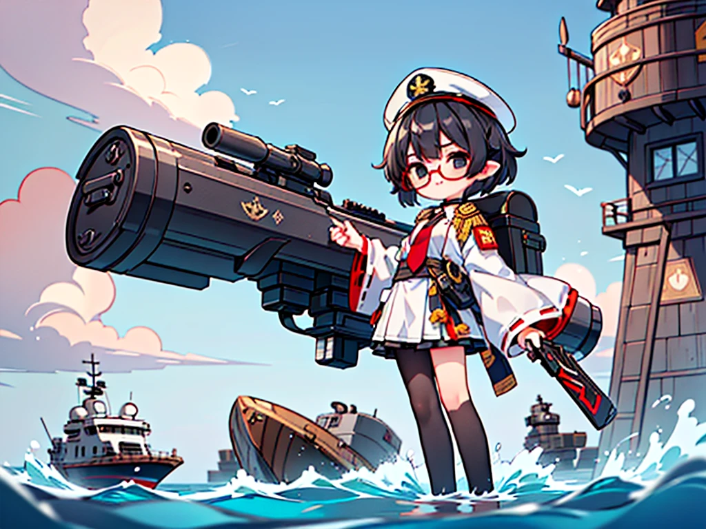 (((masterpiece, Vision))), ((((Full body of a woman with perfect flat chest、1 Female、solo、Short unkempt black hair、Tie your messy hair at the nape of your neck、white military jacket、Miko costume、black tights、Black glasses、White military cap、Cloudy black eyes、Confused eyes、Junyo-inspired emblem)))), (((Shipgirl))), ((Floating on the morning sea with both feet)), (Standing with your legs apart)), Aim, (Hold the shotgun turret grip with your right hand), (Four mechanical tentacles extending from its back each hold a turret), (Equipped with a bridge on the back), (His left arm holds the grip of a triple machine gun),
