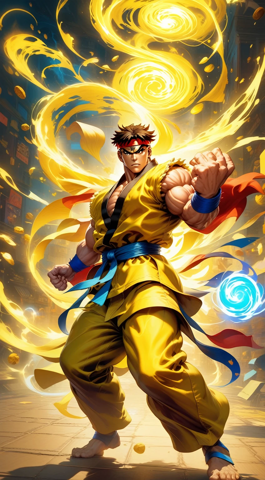 estilo street fighter , uncanny
(magic swirl style:0.8), standing alone, trunk, detailed back ground, face detailed, (excessive energy, screw, Science fiction, Tema Jolttech:1.1), pretentious smile, (glare eyes:1.1), (card assistant:1.05), punter, yellow magician outfit, dynamic pose, (Cards floating in the air:1.15), glowing magical symbols, whirlwind of yellow magic in the background, windy blowing, ethereal atmosphere,
