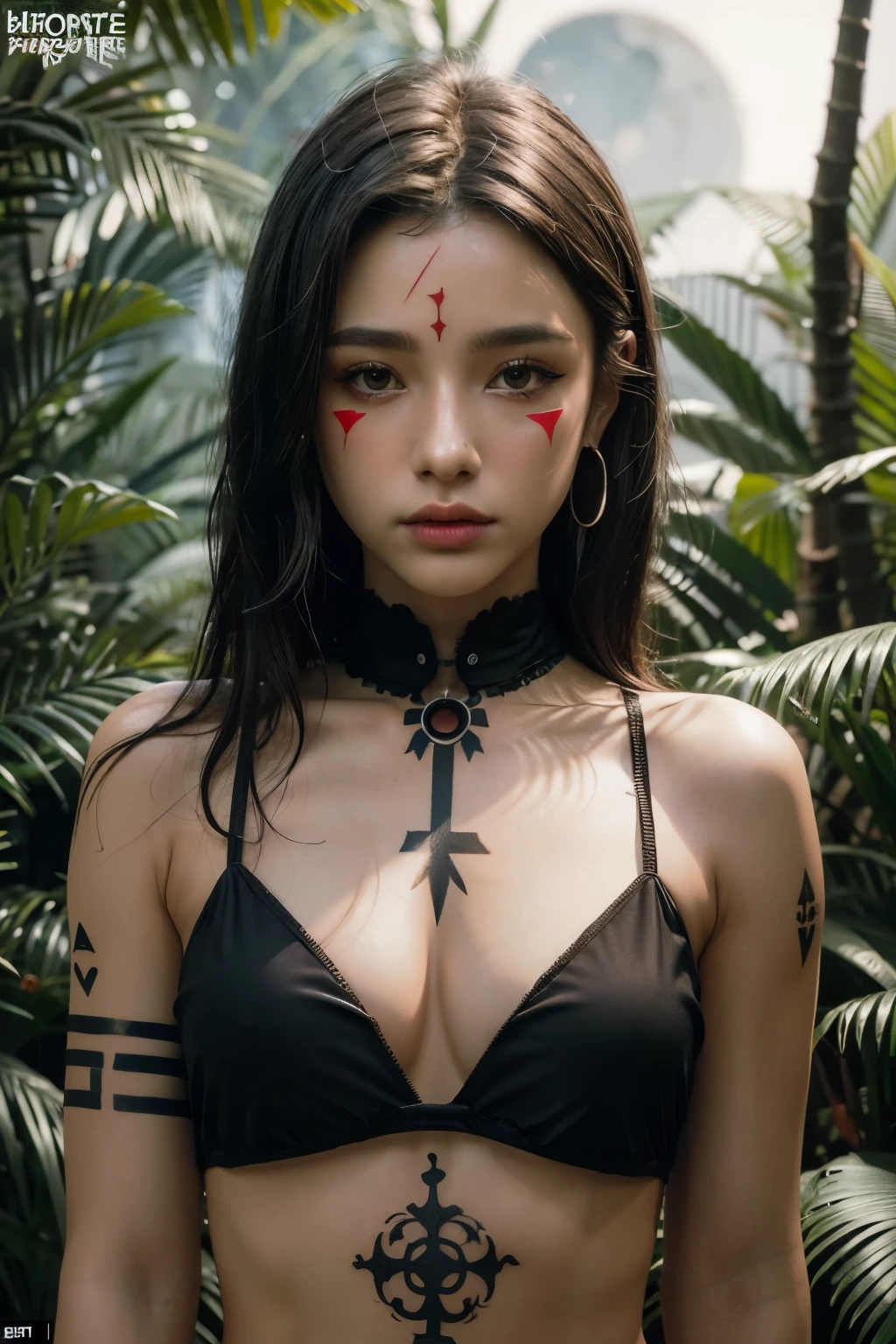 best quality, masterpiece, (realistic:1.2), 1girl, solo, head shot, upper body, (silhouette lighting:1.2), red tribal tattooed, (dark skin:1.2), tribal bikini, face paint, face marker, hourglass figure, forest at dusk, twilight