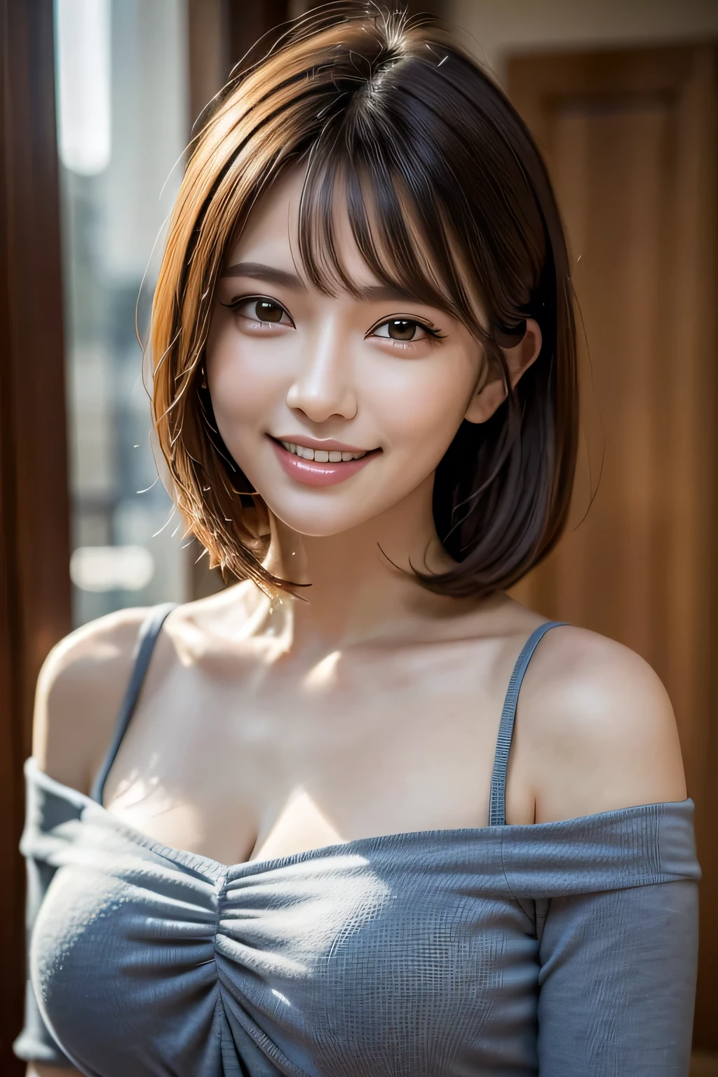 ((Realistic Light, Highest quality, 8K, Tabletop: 1.3)), 1 Girl, Slim body beauty: 1.4, Brown Hair, (((Super large: 1.3)), Off-the-shoulder cut top: 1.3, Highly detailed face, Beautiful Eyes, double eyelid, My Room, smile, Cleavage, Saggy breasts, (((beauty of Saggy breasts))