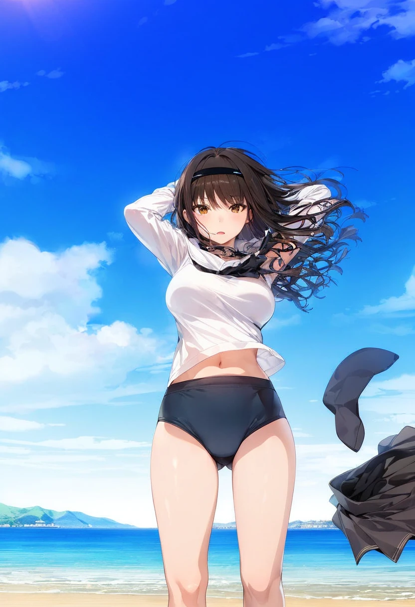 masterpiece、An ultra-high picture quality、ultra-quality、girl with、solo、Painted in 16K wallpaper quality that fills the screen、An illustration that can be called a masterpiece Expressed in detailed depiction and intricate detail、Deep and three-dimensional backgrounds Backgrounds、、17 age、wearing running trunks