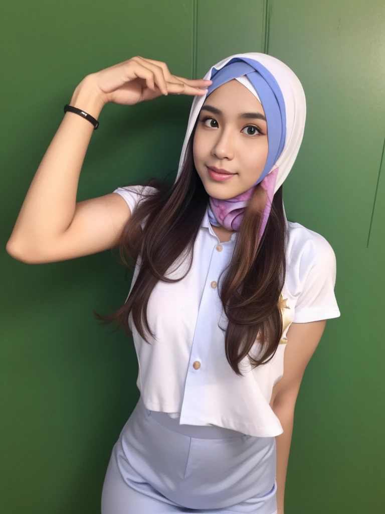 (Ultra detailed), Ultra realistic, (1 Japan cutes with idol style), ((Top Quality, 8k, masterpiece: 1.3)), focusing: 1.2, Perfect body care: 1.4 , (Wearing Hijab:1.2), ((Highly detailed face and skin texture)), Extremely realistic, Ultra detailed, HD, Portrait, 8K, Dressed in thin white shirt, (wearing hijab:1.5), indonesian highschool uniform, wearing short tight skirt, the sailor galaxia, beautiful, goddess of light, full body angel, perfect makeup, perfect face, beautiful face, beautiful body, muscular arms, clean armpit, muscular thighs, The atmosphere looks real, Full body shot, lower Front angle, ultra realistic, Professional、beautiful detail glow、Depth of bounds written、(((High chroma)))、(((real:1.9)))、((vivid:1.4))、((beautiful skin))、((skin texture))、((Real skin feel))、(((cowboy shot:1.5)))、((Angle seen from the front:1.5)), lower Front angle shot,