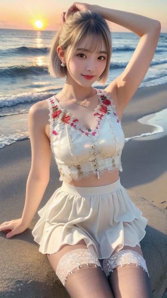 (8K, Photorealistic, Raw photo, Highest quality: 1.4),Japanese idol-style beautiful girl,1 person,18-year-old,(Short Bob),(Silver Hair :1.1),She has her hair tucked behind her ears,Clear grey eyes,Long eyelashes,(piercings(small)),(Lip gloss),lips(Plump,glossy),thin long neck,(camisole),(flare skirt(Layered lace)),tights(Mesh),barefoot,(Sleeveless jacket((Lace embroidery),(Mesh))Layering),Evening seaside,White sand beach,The background is the sun setting on the horizon,Date with boyfriend,Smiling at the camera,Knee shot portrait