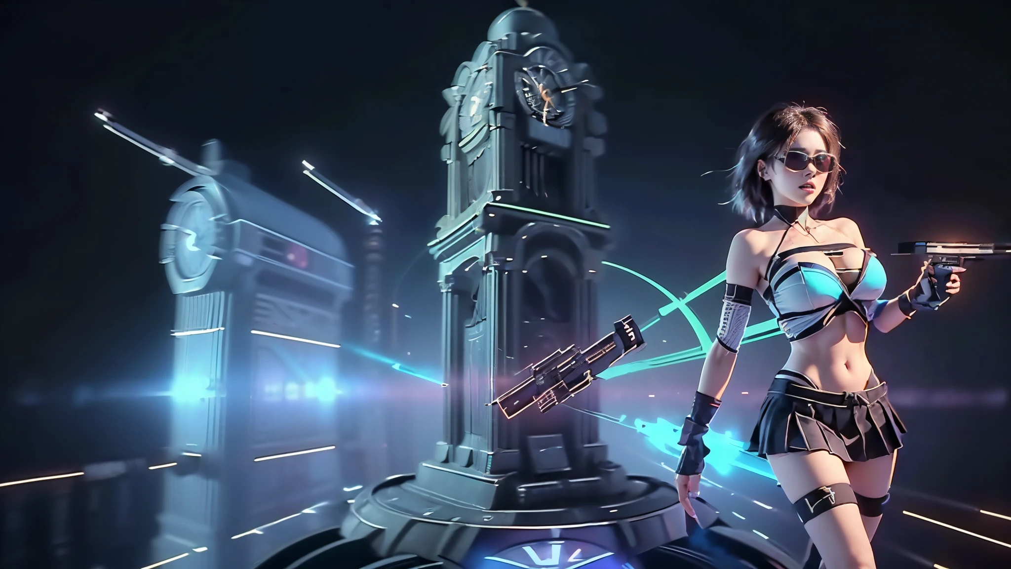 (aerial view). at night, futuristic sci-fi cyberpunk city, broad viaduct, skyscrapers at the end of the viaduct, the movie "13th Floor" style, (((((voltex-spirit-spreading giant clock tower as time machine))))), hq. Matrix style, at night, (1girl, solo), photo realistic, (large-breast:1.2 slim body, cleavage:1.3), (((tube top, extreamly short pleated (((miniskirt)))))), (((((matrix style black sunglasses))))), (((((aiming at camera with a (short:0.8 pistol)))))), (((half-body (thigh level) medium shot))), (cinematic lighting).