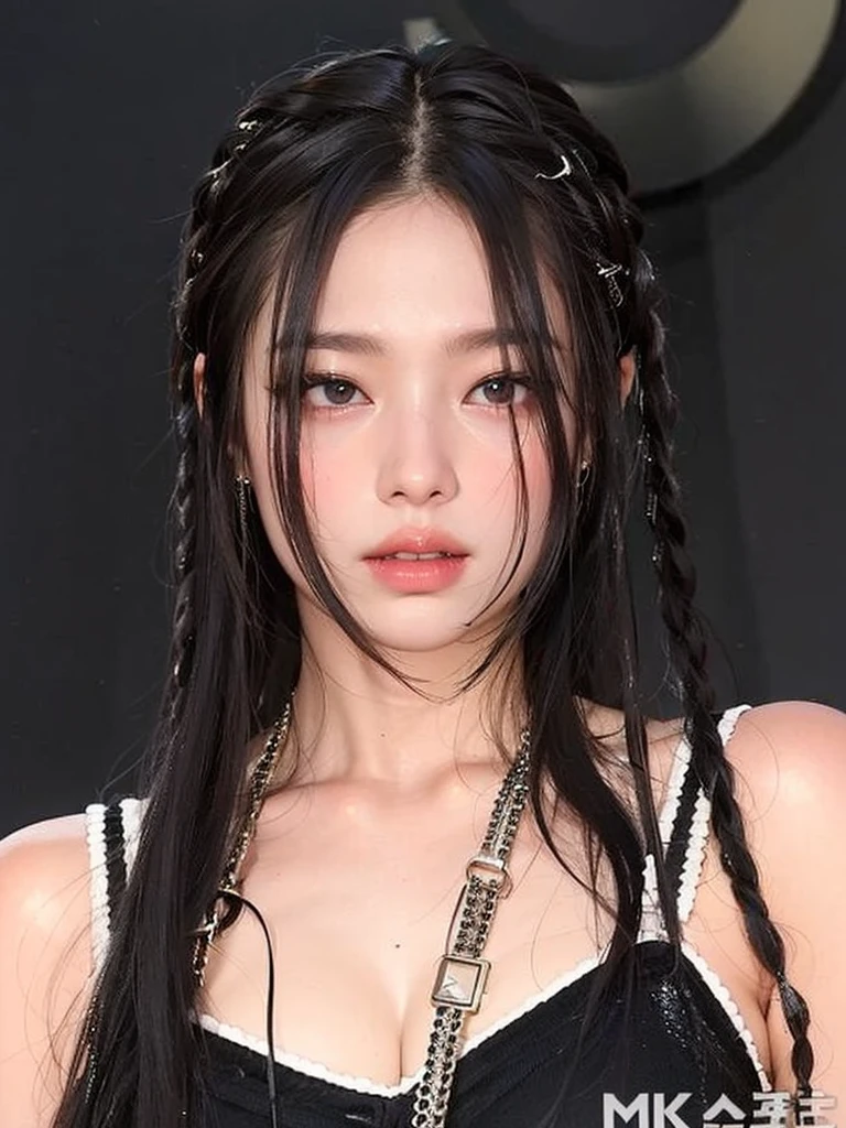Jennie Kim, the iconic BLACKPINK rapper and singer, with lips full and shiny from your gloss, is in Seoul on a rainy day. Despite the downpour, she radiates confidence and style as she walks through the city's busy streets. Her black trench coat matches perfectly with her transparent umbrella., creating a sleek, modern silhouette. Her black hair is wet and stuck to her face, but this only serves to enhance your natural beauty. A faint smile plays on his lips, as she observes the world around her with an air of mystery. City lights flicker and reflect in puddles of water, creating a vibrant and lively urban setting.