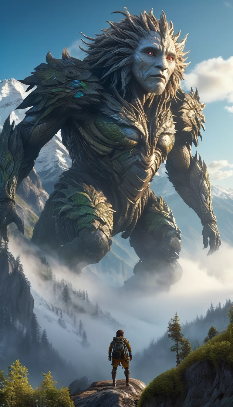 Panoramic front view，There is a humanoid creature in the mountains，Full of hair（best quality，4K，8K，High level，masterpiece：1.2），Ultra Detailed，（lifelike，Photo real，Photo real：1.37），Highly detailed animals，Complex patterns，Realistic lighting，Fantasy Creatures
