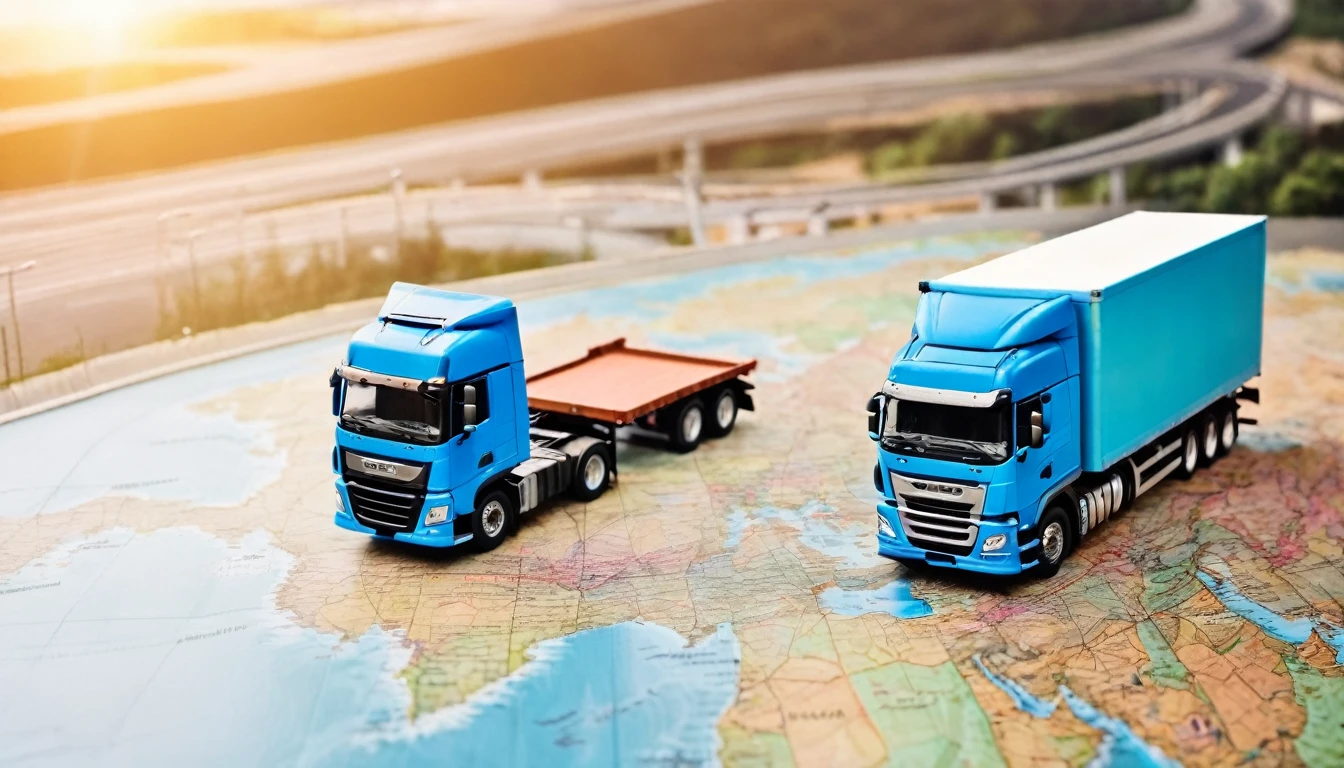 Truck model on world map , transportation of goods between countries on the road concept image with copy space