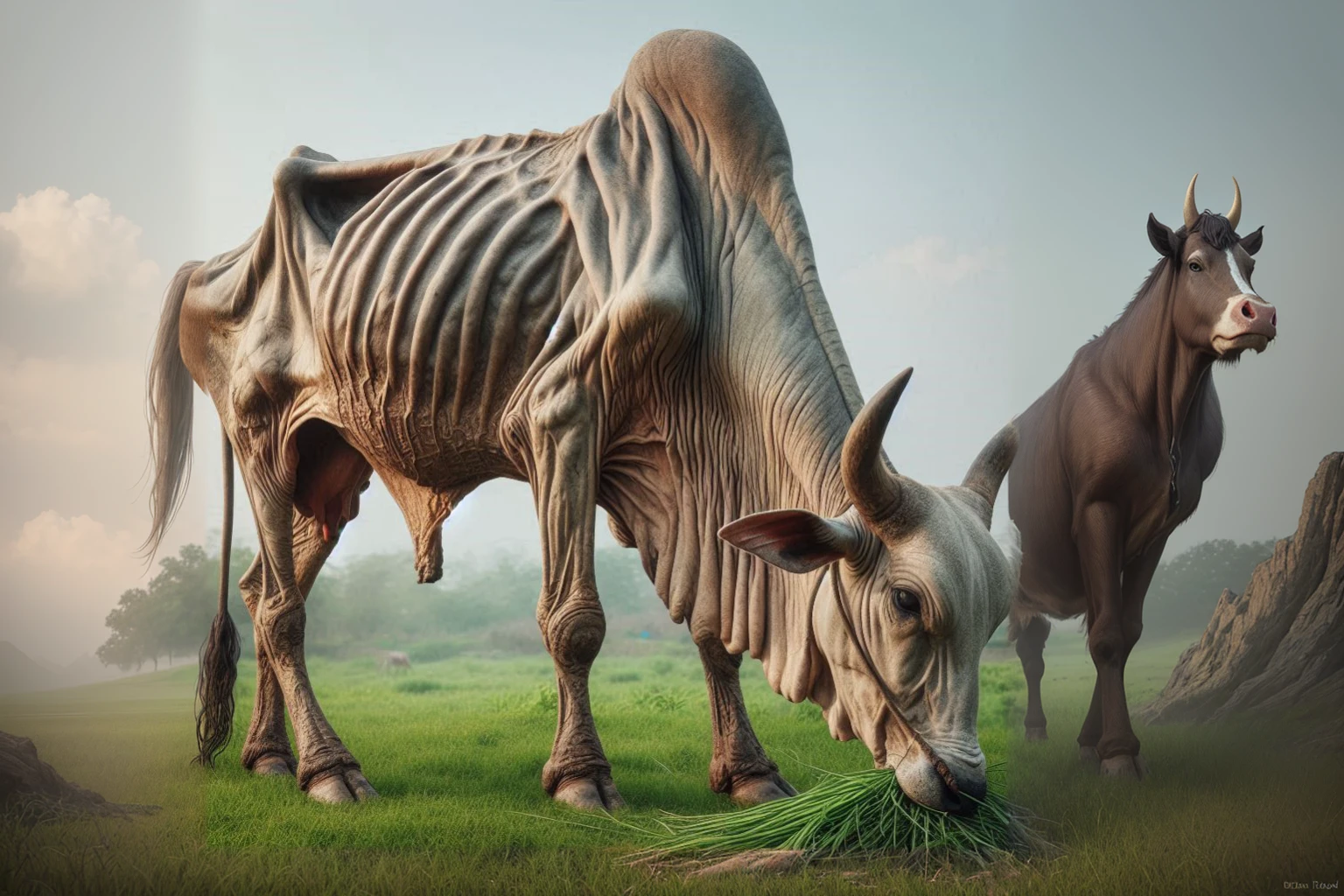 there is a large cow that is eating grass in the field, surreal hybrid animals, beth cavener, emaciated, hybrid animal, by Ron English, hyperrealistic illustration, digital art animal photo, an ox, “hyper realistic, highly realistic concept art, cow, stefan koidl, by Adam Marczyński, hyperrealism concept art