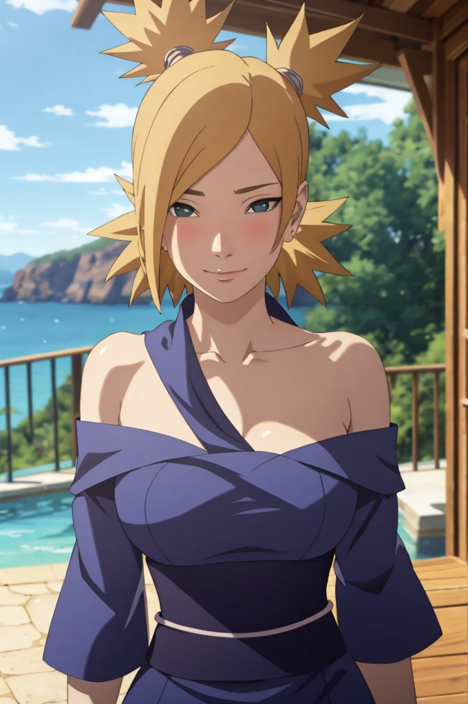Masterpiece, absurderes , (Intricate details), (Colorful),cleavage，Off-the-shoulder attire，Cinematic lighting,Bust Up Shot,Extremely detailed Cg Unity 8K wallpaper,Temari\(Boruto\), 1girll, Mature female,blue kimono,  Sitting, Outdoors,Wind,  view the viewer,ssmile, blushing, happy, tight dress,big breast visible 