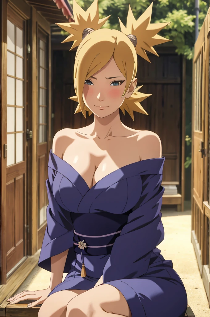 Masterpiece, absurderes , (Intricate details), (Colorful),cleavage，Off-the-shoulder attire，Cinematic lighting,Bust Up Shot,Extremely detailed Cg Unity 8K wallpaper,Temari\(Boruto\), 1girll, Mature female,blue kimono,  Sitting, Outdoors,Wind,  view the viewer,ssmile, blushing, happy, tight dress,big breast visible 