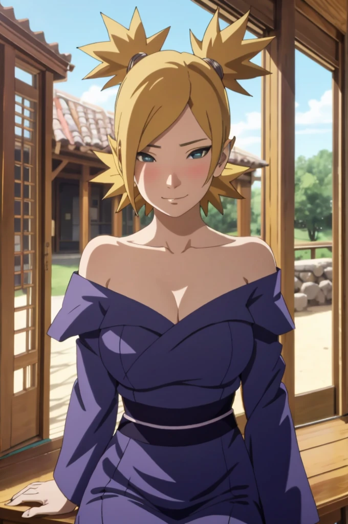 Masterpiece, absurderes , (Intricate details), (Colorful),cleavage,Off-the-shoulder attire,Cinematic lighting,Bust Up Shot,Extremely detailed Cg Unity 8K wallpaper,Temari\(Boruto\), 1girll, Mature female,blue kimono, Sitting, Outdoors,Wind, view the viewer,ssmile, blushing, happy, tight dress,big breast visible