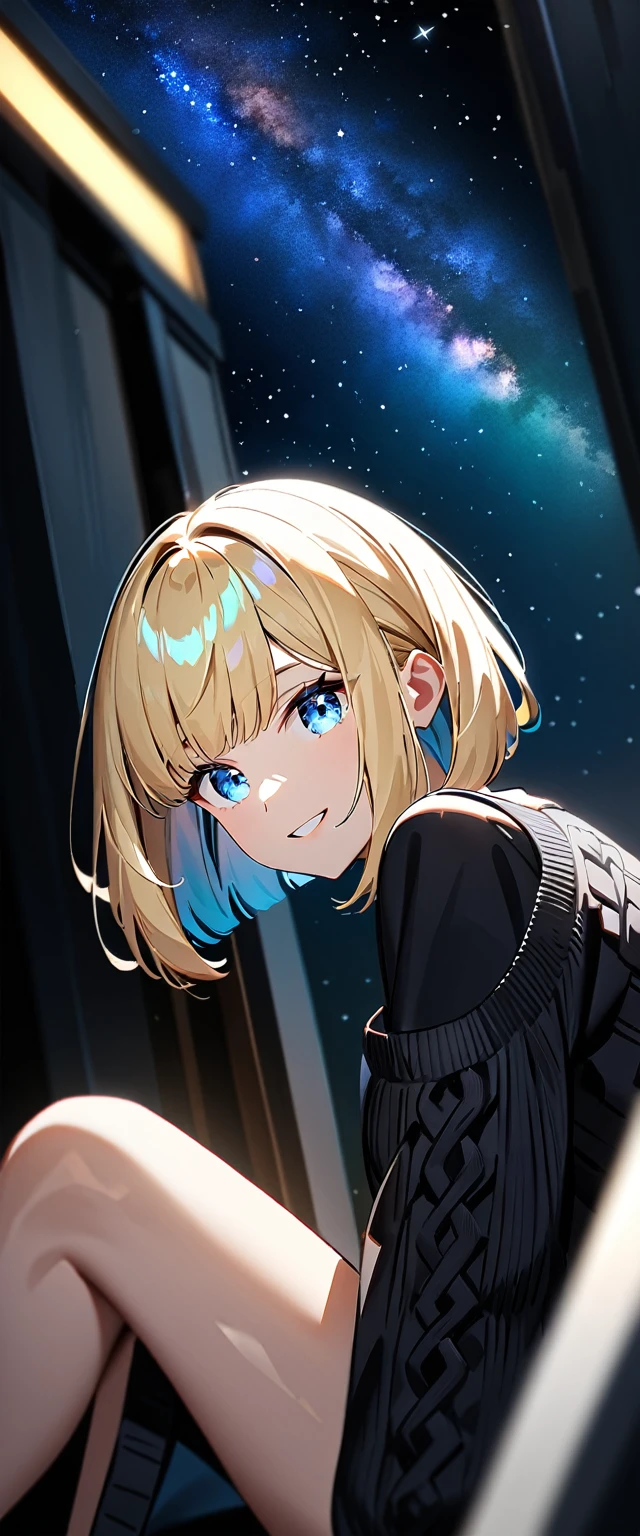((leaning forward)), (((focus on face))), ((extreme close up face)), (((a beautiful starry sky, the Milky Way shining beautifully in the night))), ((Aran sweater)), ((((from side)))), ((sitting on the very high cliff)), wavy hair, inward curled hair, sea, ((blond hair, bob cut:1.3)), breasts, ager, (looking at viewer), oversized clothes, puffy long sleeves, ((off-shoulder sweater:1.3, Quite thick shoulder straps)), ((black sweater)), collarbone, head tilt:1.3, (((blue eyes))), happy smile, (((anime style))), (best quality, 4K, 8K, highres, masterpiece:1.2, ultra-detailed, ultra-detailed eyes, HDR, uhd, studio lighting, ultra-fine painting, sharp focus, physically-based rendering, extreme detail description, professional, vivid colors, bokeh)