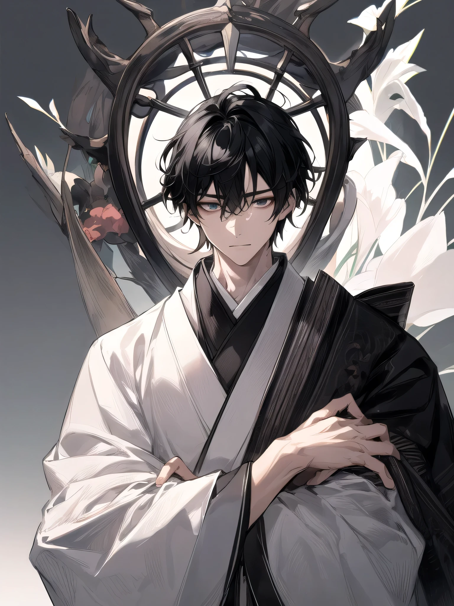 male、２Book Arms、［［［［1 person］］］］, Face Focus, [[[[[[[elder]]]]]]], frontage,[[[Character Portrait]]],[[[[Lesbians all over]]]],kimono、Black、Black Hair、Highest quality, adopt, Detailed face, Simple Background、White Background、、[[[iris]]]、Calm face