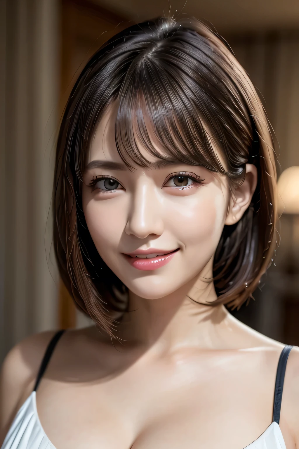((Realistic Light, Highest quality, 8K, Tabletop: 1.3)), 1 Girl, Slim body beauty: 1.4, Brown Hair, (((Super large: 1.3)), Off-the-shoulder cut top: 1.3, Highly detailed face, Beautiful Eyes, double eyelid, My Room, smile, Cleavage, Saggy breasts, (((beauty of Saggy breasts))