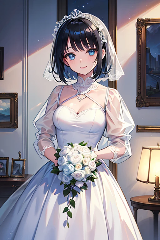 ((Highest quality)), ((masterpiece)), (Familiar), Illustration Style,Perfect Face,1 Girl,Black Hair,Short Hair,Glowing Skin,big, Bright Blue Eyes,Beautiful Bangs,Small breasts,Super Beauty,woman,16 years old,Wedding dress ,Beautiful clothes,noon,smile