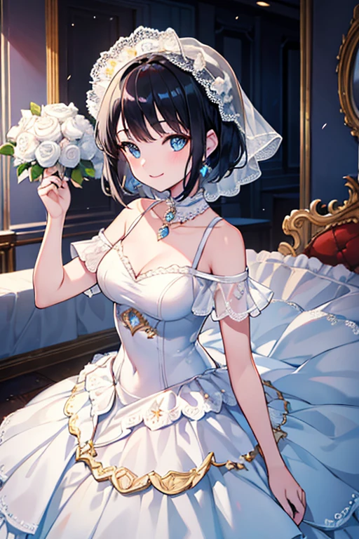 ((Highest quality)), ((masterpiece)), (Familiar), Illustration Style,Perfect Face,1 Girl,Black Hair,Short Hair,Glowing Skin,big, Bright Blue Eyes,Beautiful Bangs,Small breasts,Super Beauty,woman,16 years old,Wedding dress ,Beautiful clothes,noon,smile