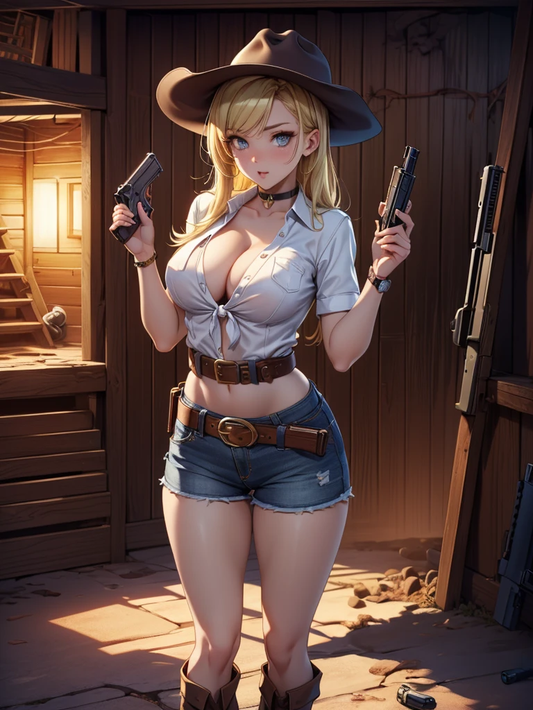 (((Cowgirl Costume))),(((Wear low-waisted denim shorts and short western boots))),(((Wear a western hat))),(((wear a leather belt))),(((He is wearing short sleeves, Plaid, front tie shirt))),(((Wear a gun belt:1.5))),(((Wear a watch on your wrist))),(((Showing cleavage))),(((Bare inner thighs))),(((Bare arms))),(((Her hair is blonde))),Beautiful detailed girl, Very detailed目と顔, 緻密でBeautiful Eyes, Very detailedな, High resolution, Highest quality, masterpiece, Very detailed, 8k wallpaper, wonderful, finely, Highest quality,One girl,(((Basement at night:1.5))),(((Standing in front of a wooden wall))),Beautiful Eyes,((Crying face:0.5)),((Being drunk)),Open your mouth