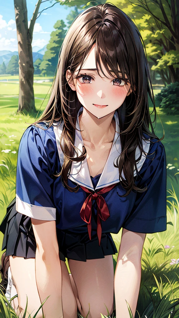 (masterpiece:1.2, top-quality, ultra high res, ultra detailed), (realistic, photorealistic:1.4), beautiful illustration, (natural side lighting, movie lighting), 
looking at viewer, (face focus, upper body), 1 girl, japanese, high school dirl, perfect face, (perfect anatomy), cute and symmetrical face, baby face, shiny skin, slender
(long hair:1.5, straight hair:1.2, sark brown hair), parted bangs, grey eyes, long eye lasher, (medium breasts), 
beautiful hair, beautiful face, beautiful detailed eyes, beautiful clavicle, beautiful body, beautiful chest, beautiful thigh, beautiful legs, 
((detailed cloth texture, short sleeve white collared shirts, navy blue pleated mini skirt, red neck ribbon), , , 
(beautiful scenery), hands on chest, (lovely smile, upper eyes), In the grass of a meadow, a girl is on all fours, and a large dog is clinging to her back from behind.
Her face was bright red, her mouth was open, and she looked like she was about to cry.
She is wearing a very short skirt.