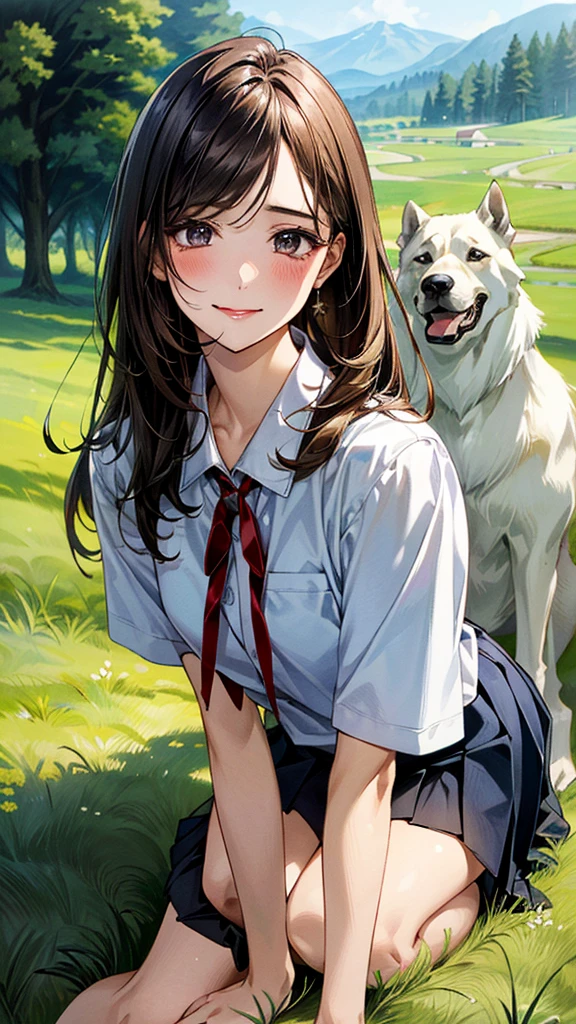 (masterpiece:1.2, top-quality, ultra high res, ultra detailed), (realistic, photorealistic:1.4), beautiful illustration, (natural side lighting, movie lighting), 
looking at viewer, (face focus, upper body), 1 girl, japanese, high school dirl, perfect face, (perfect anatomy), cute and symmetrical face, baby face, shiny skin, slender
(long hair:1.5, straight hair:1.2, sark brown hair), parted bangs, grey eyes, long eye lasher, (medium breasts), 
beautiful hair, beautiful face, beautiful detailed eyes, beautiful clavicle, beautiful body, beautiful chest, beautiful thigh, beautiful legs, 
((detailed cloth texture, short sleeve white collared shirts, navy blue pleated mini skirt, red neck ribbon), , , 
(beautiful scenery), hands on chest, (lovely smile, upper eyes), In the grass of a meadow, a girl is on all fours, and a large dog is clinging to her back from behind.
Her face was bright red, her mouth was open, and she looked like she was about to cry.
She is wearing a very short skirt.