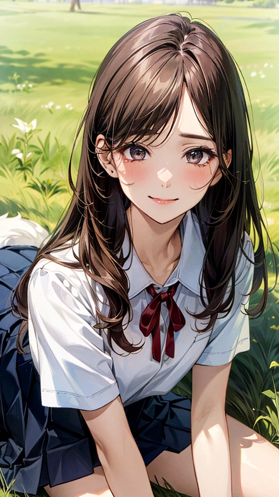 (masterpiece:1.2, top-quality, ultra high res, ultra detailed), (realistic, photorealistic:1.4), beautiful illustration, (natural side lighting, movie lighting),
looking at viewer, (face focus, upper body), 1 girl, japanese, high school dirl, perfect face, (perfect anatomy), cute and symmetrical face, baby face, shiny skin, slender
(long hair:1.5, straight hair:1.2, sark brown hair), parted bangs, grey eyes, long eye lasher, (medium breasts),
beautiful hair, beautiful face, beautiful detailed eyes, beautiful clavicle, beautiful body, beautiful chest, beautiful thigh, beautiful legs,
((detailed cloth texture, short sleeve white collared shirts, navy blue pleated mini skirt, red neck ribbon), , ,
(beautiful scenery), hands on chest, (lovely smile, upper eyes), In the grass of a meadow, a girl is on all fours, and a large dog is clinging to her back from behind.
Her face was bright red, her mouth was open, and she looked like she was about to cry.
She is wearing a very short skirt.