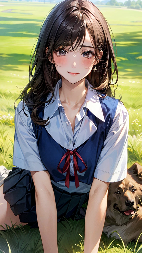 (masterpiece:1.2, top-quality, ultra high res, ultra detailed), (realistic, photorealistic:1.4), beautiful illustration, (natural side lighting, movie lighting), 
looking at viewer, (face focus, upper body), 1 girl, japanese, high school dirl, perfect face, (perfect anatomy), cute and symmetrical face, , shiny skin, slender
(long hair:1.5, straight hair:1.2, sark brown hair), parted bangs, grey eyes, long eye lasher, (medium breasts), 
beautiful hair, beautiful face, beautiful detailed eyes, beautiful clavicle, beautiful body, beautiful chest, beautiful thigh, beautiful legs, 
((detailed cloth texture, short sleeve white collared shirts, navy blue pleated mini skirt, red neck ribbon), , , 
(beautiful scenery), hands on chest, (lovely smile, upper eyes), In the grass of a meadow, a girl is on all fours, and a large dog is clinging to her back from behind.
Her face was bright red, her mouth was open, and she looked like she was about to cry.
She is wearing a very short skirt.