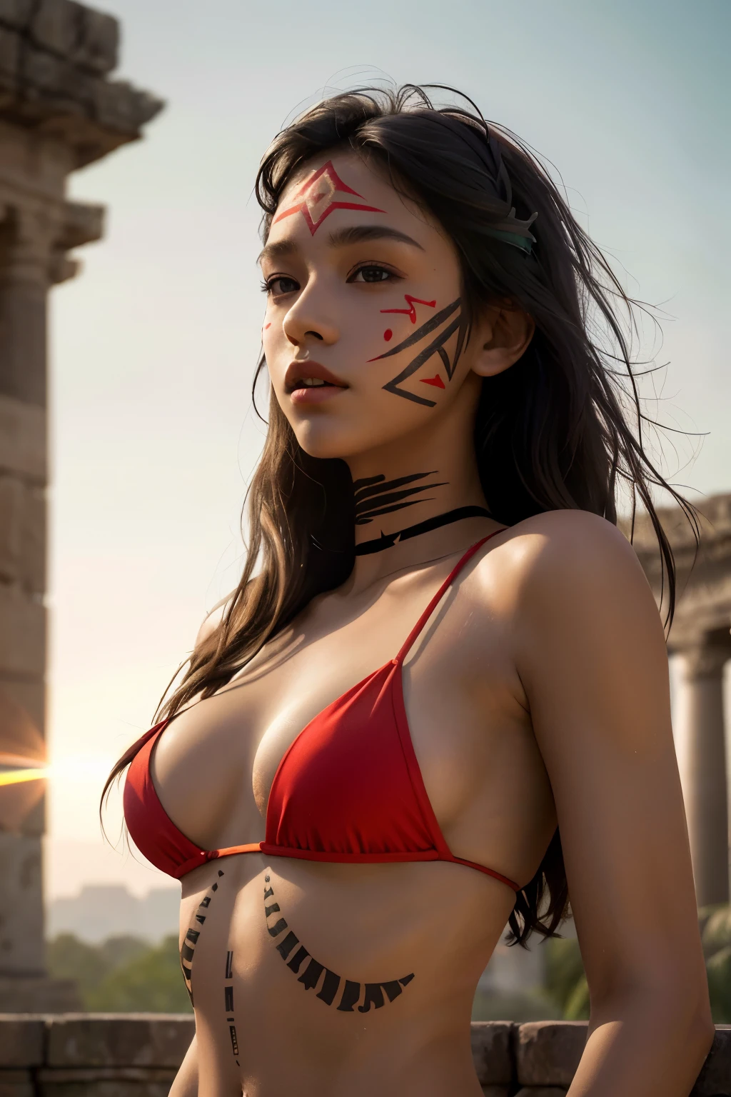 best quality, masterpiece, (realistic:1.2), 1girl, solo, head shot, upper body, (silhouette lighting:1.2), red tribal tattooed, (dark skin:1.2), tribal bikini, face paint, face marker, hourglass figure, ancient ruins at dusk, twilight