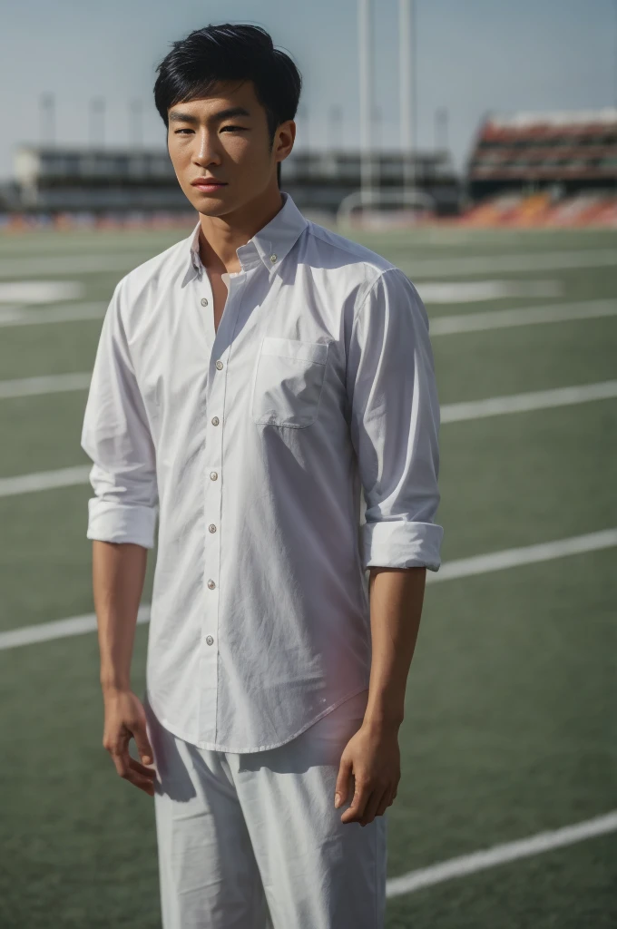 young asian man looking at camera In a white button-down shirt , Fieldside, beach, sunlight, looking at the football field
