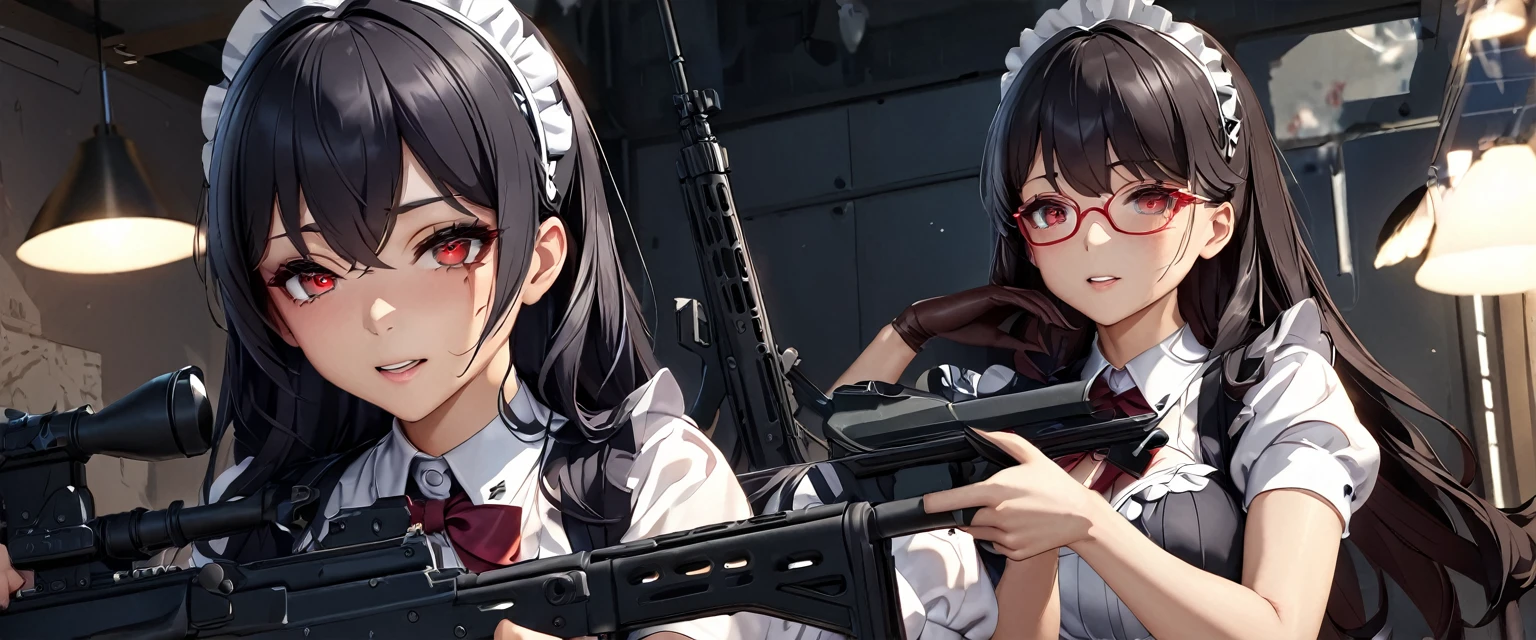 (Perfect Anatomy)、Mastepiece、Ultra High Quality、 8K、Photorealistic、masterpiece、Highest quality、Ultra-high resolution、Maximum resolution、Very detailed、Professional Lighting、anime、Adult female、thin、so beautiful、Highly detailed eye、high school girl、Maid clothes、Equipped with an assault rifle、(((Scar L )))、Red Eye、Black Hair、Long hangerless gloves、Red glasses、Join the battlefield alone、Holding a gun with both hands, shoot a rifle, kneel up, hold a rifle