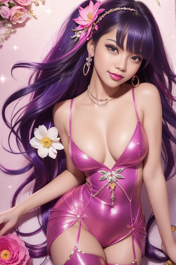 sexy Caribbean model who controls poison、beautiful smile、lip-gloss、bold lipstick、long lashes、colorful metallic makeup、look at the camera、full body Esbian、、sparkling poisoned flower costume、、、、sparkling Colorful hair、secrete poison、skull hair accessories、sexy tights、shiny sparkling flowers background