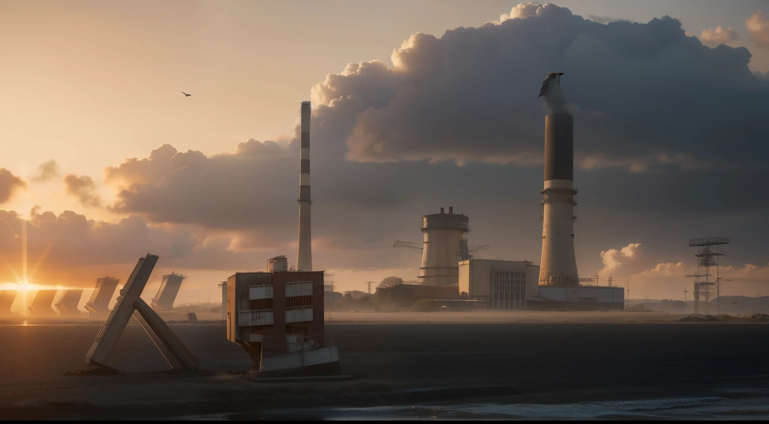 best quality, masterpiece, (((Realistic photos))), Intricate details, RAW photos, Extremely detailed, Thermal power plant in the distance,Cool water tower,Bird's eye view,sunny,Sunlight,White Cloud,The lens is from top to bottom,field,grassland,Telephoto lens,Ultra-long-distance thermal power plants