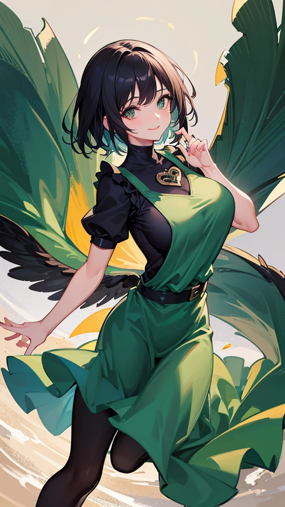 
Highest quality, shape, Very detailed, In detail, High resolution, 8k wallpaper, Perfect dynamic composition, Beautiful details, Center of chest, Natural color lip, Random sexy poses,smile,20-year-old girl,Huge , A woman with short black hair wearing a green dress and a white apron