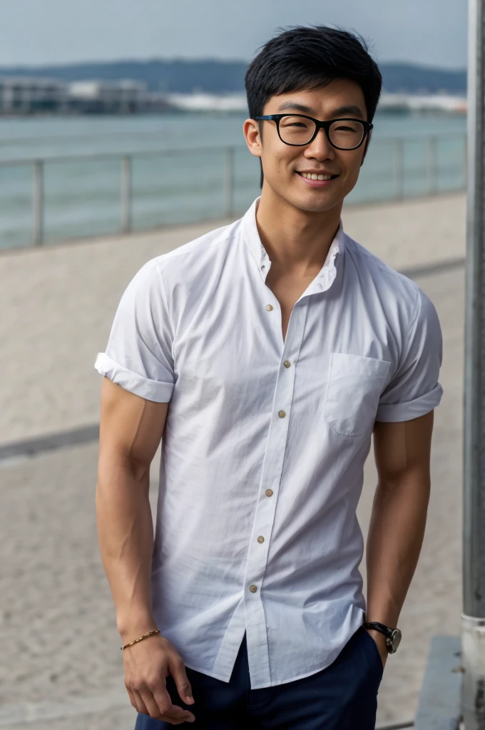 young asian man In a gray polo shirt sitting by the canal with a serious expression, looking into the distance Turn your head slightly.，Cloudy day 