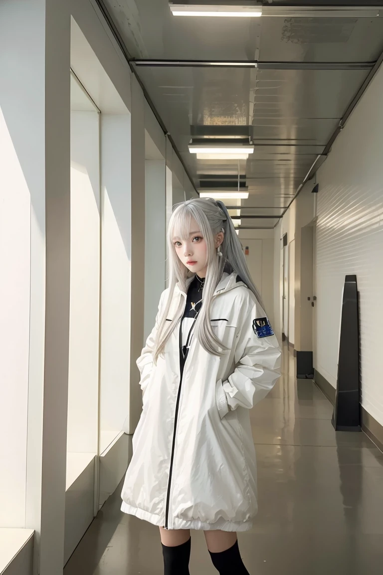 anime girl with long hair and white coat standing in a hallway, girls frontline style, from girls frontline, from arknights, portrait anime space cadet girl, cute anime girl, anime visual of a cute girl, silver hair girl, an anime girl, anime mecha aesthetic, anime aesthetic, beautiful anime portrait, portrait anime girl, pretty anime girl, beautiful anime girl