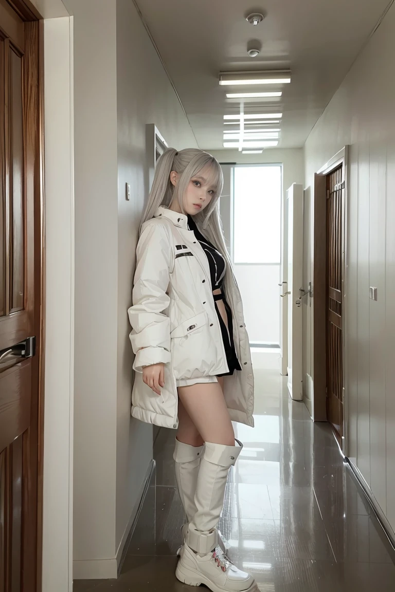 anime girl with long hair and white coat standing in a hallway, girls frontline style, from girls frontline, from arknights, portrait anime space cadet girl, cute anime girl, anime visual of a cute girl, silver hair girl, an anime girl, anime mecha aesthetic, anime aesthetic, beautiful anime portrait, portrait anime girl, pretty anime girl, beautiful anime girl