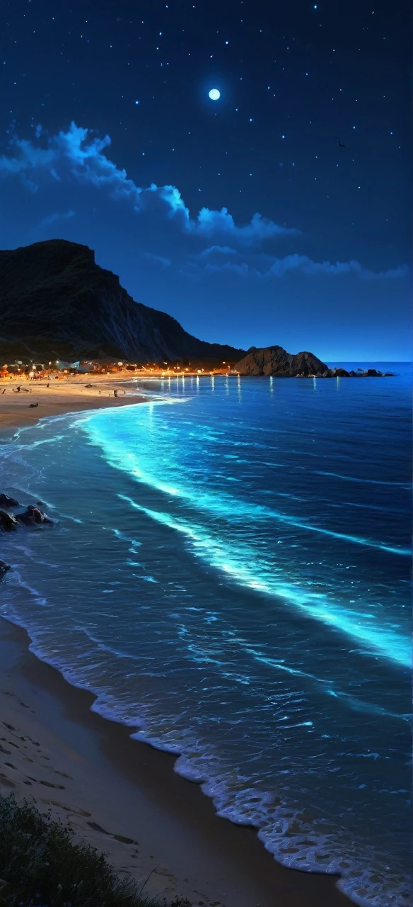 Landscape scene , beach scene , night time , realistic sea , little blue light coming from sea