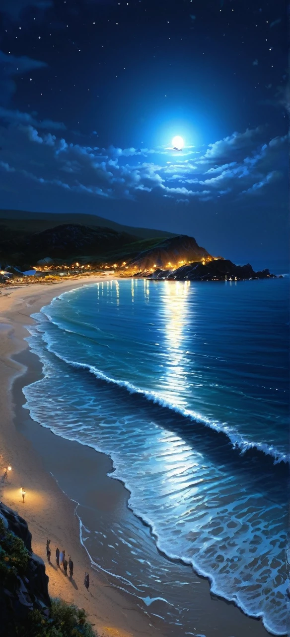 Landscape scene , beach scene , night time , realistic sea , little  blue light coming from sea 