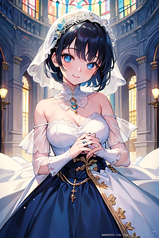((Highest quality)), ((masterpiece)), (Familiar), Illustration Style,Perfect Face,1 Girl,Black Hair,Short Hair,Glowing Skin,big, Bright Blue Eyes,Beautiful Bangs,Small breasts,Super Beauty,woman,16 years old,Wedding dress ,Beautiful clothes,noon,smile,Chapel