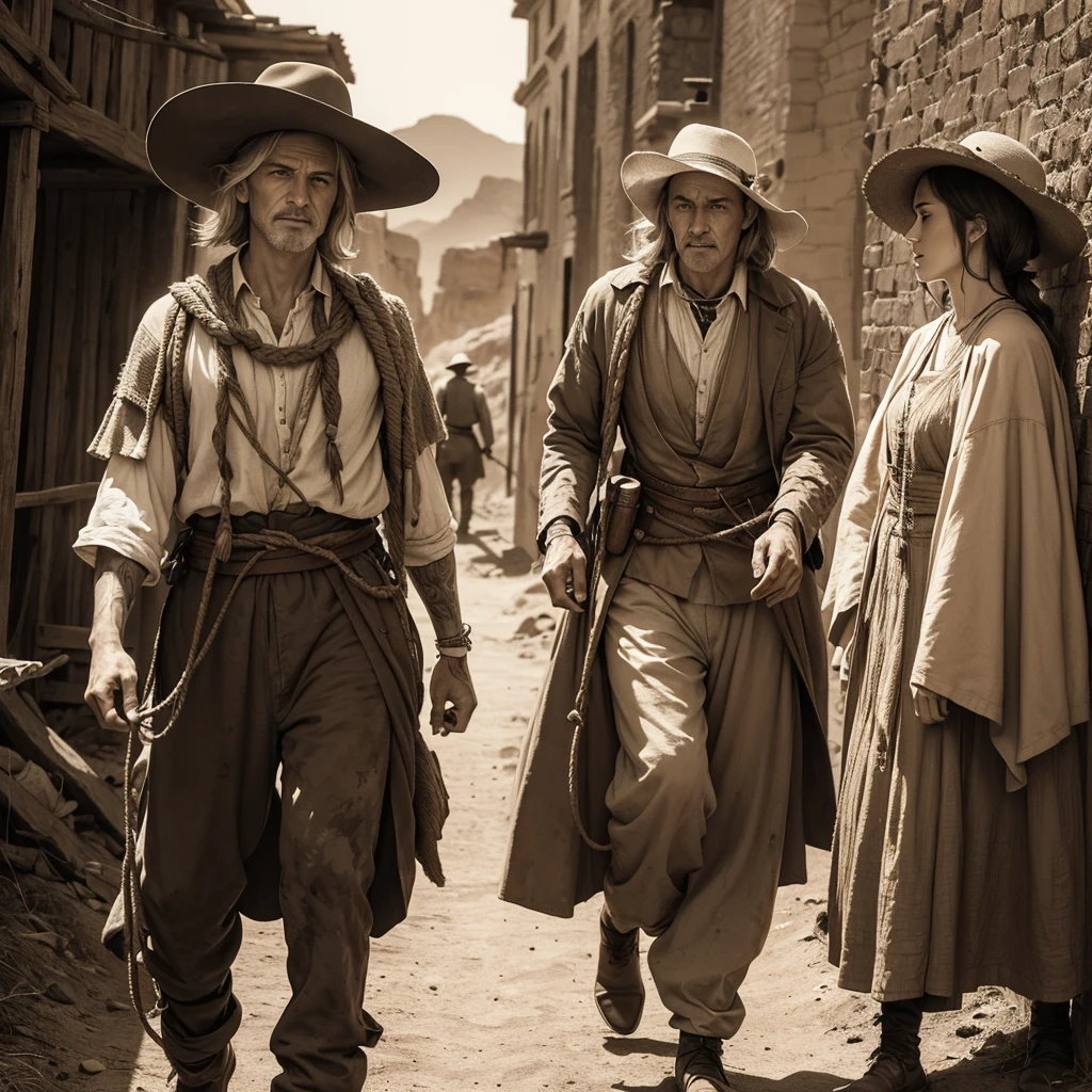 High quality, 8K Ultra HD, (((ink and wash painting))), (sepia-toned), The story takes place in the American frontier era, female elf gunman and a male thief are walking in the desert. The man is a thief and his hands are tied. The elf is holding the man with one end of a short rope to prevent him from running away. ((short rope)),  and are complemented by Rembrandt van Rijn's play of light and shadow. mysterious depth,