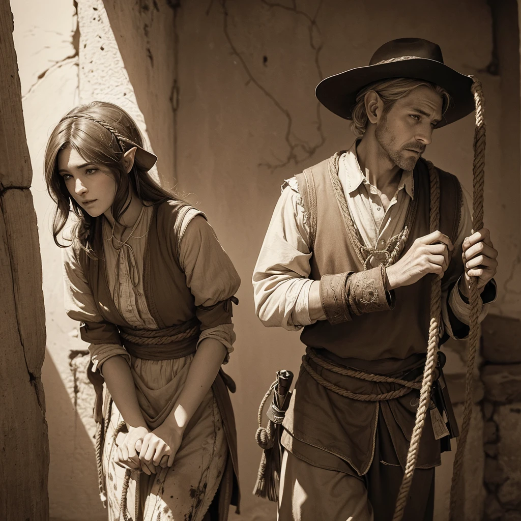High quality, 8K Ultra HD, (((ink and wash painting))), (sepia-toned), The story takes place in the American frontier era, female elf gunman and a male thief are walking in the desert. The man is a thief and his hands are tied. The elf is holding the man with one end of a short rope to prevent him from running away. ((short rope)), and are complemented by Rembrandt van Rijn's play of light and shadow. mysterious depth,