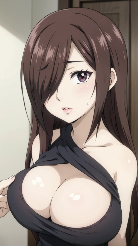 Cute ,busty mature women, chubby cheek,plump, chubby, fat,realistic skin,realistic breast, saggy breast, nipple out,muted colours, cold lighting, pale white skin, mature women,black hair, long hair, (hair over one eye:1.4), Messy hair,straight hair,hair between eyes ,sleepy eyes ,beautiful,pucker lips,smeared lipstick,charm,pubic hair pussy,dense pubic hair, cute shy blush on