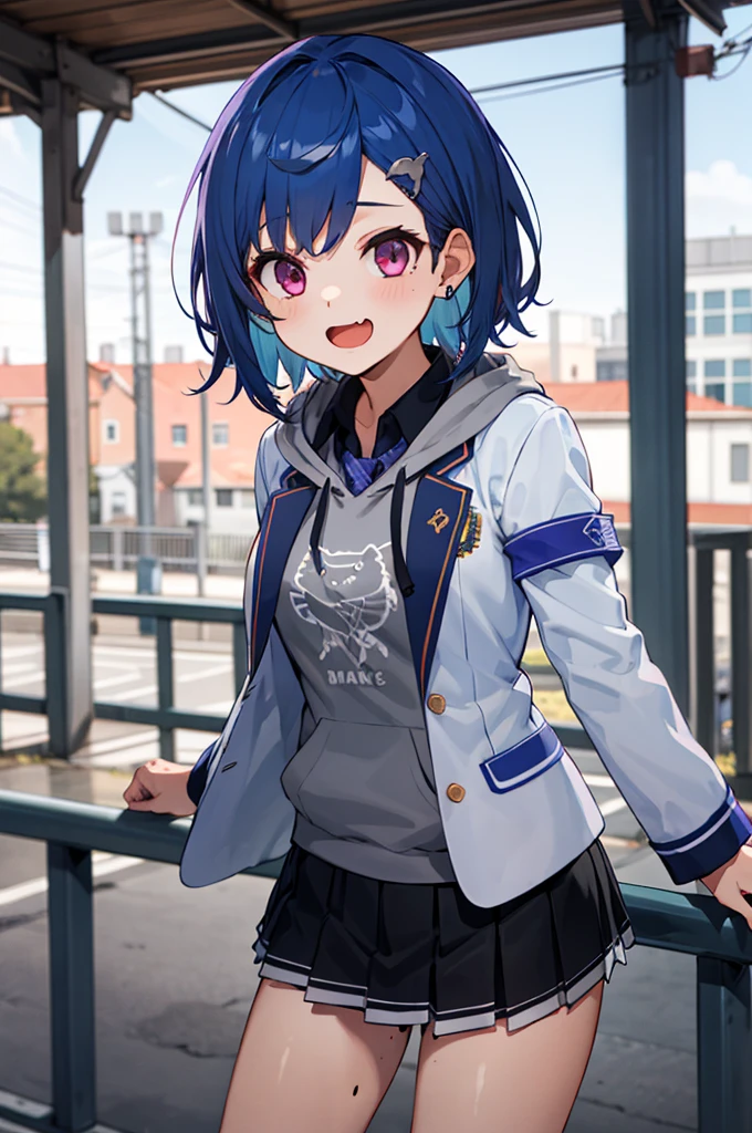 masterpiece, best quality, highres, 1girl, solo, grey hoodie, fang, blue hair, skin fang, blazer, short hair, white jacket, (mole on thigh:0.8), bangs, black skirt, hair behind ear, black socks, collared shirt, purple eyes, pleated skirt, armband, mole, hair ornament, open mouth, outdoors, smile, 