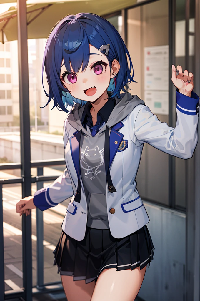 masterpiece, best quality, highres, 1girl, solo, grey hoodie, fang, blue hair, skin fang, blazer, short hair, white jacket, (mole on thigh:0.8), bangs, black skirt, hair behind ear, black socks, collared shirt, purple eyes, pleated skirt, armband, mole, hair ornament, open mouth, outdoors, smile, 