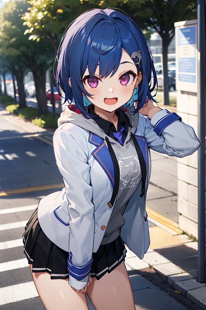 masterpiece, best quality, highres, 1girl, solo, grey hoodie, fang, blue hair, skin fang, blazer, short hair, white jacket, (mole on thigh:0.8), bangs, black skirt, hair behind ear, black socks, collared shirt, purple eyes, pleated skirt, armband, mole, hair ornament, open mouth, outdoors, smile, 