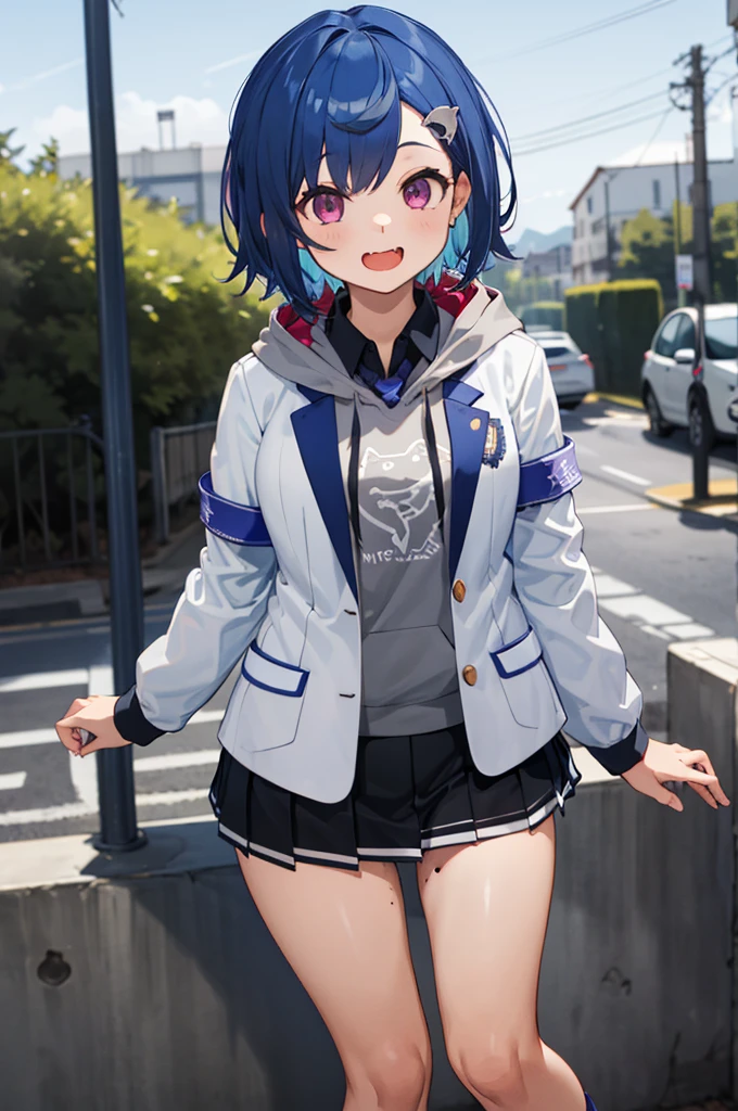 masterpiece, best quality, highres, 1girl, solo, grey hoodie, fang, blue hair, skin fang, blazer, short hair, white jacket, (mole on thigh:0.8), bangs, black skirt, hair behind ear, black socks, collared shirt, purple eyes, pleated skirt, armband, mole, hair ornament, open mouth, outdoors, smile, 