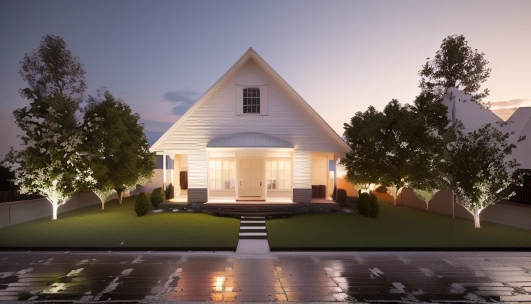 there is a small white house with a porch and trees, front elevation view, front-view, frontview, front perspective, rendered 3d model, front view dramatic, front view, detailed rendering, pre-rendered, wide establishing shot, 3 / 4 view, 3/4 view, concept house, front facing shot, 3d rendering, 3 d rendering