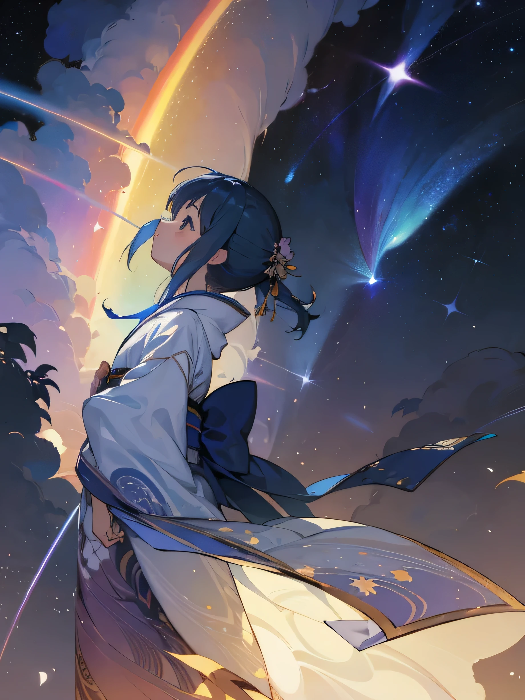 theme「milky way、Wish on the shooting star、Profile of a girl wearing a kimono」、Style「Fantasy、composition「Looking up at the sky」、background「Blue-based rainbow-colored universe」、Anime illustration、from below