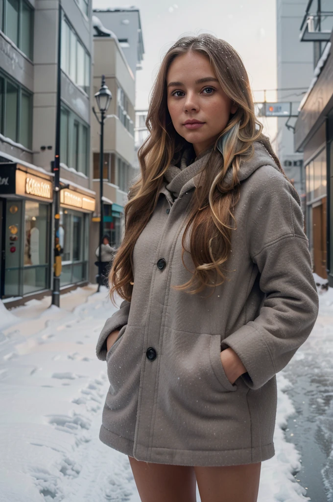 professional portrait photograph of a gorgeous Norwegian girl in winter clothing with long wavy blonde hair, gorgeous symmetrical face, cute natural makeup, wearing elegant warm winter fashion clothing, ((standing outside in snowy city street)), stunning modern urban environment, ultra realistic, concept art, elegant, highly detailed, intricate, sharp focus, depth of field, f/1. 8, 85mm, medium shot, mid shot, (((professionally color graded))), bright soft diffused light, (volumetric fog), trending on instagram, hdr 4k, 8k
