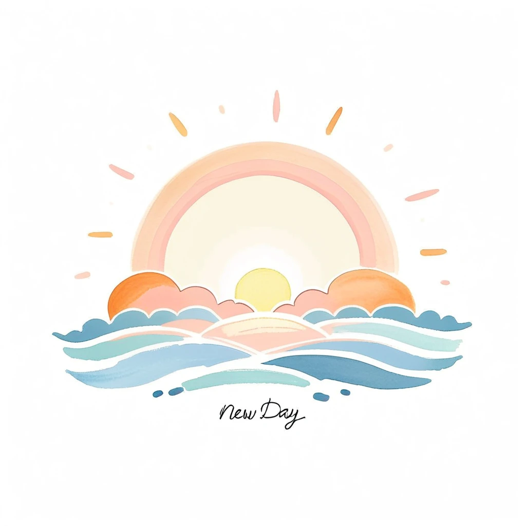 on white background a minimalist doodle of a pastel-colored sun rising over a calm horizon. Text saying 'New Day, New Beginnings' - pastel hues of soft orange, light pink, and gentle blue