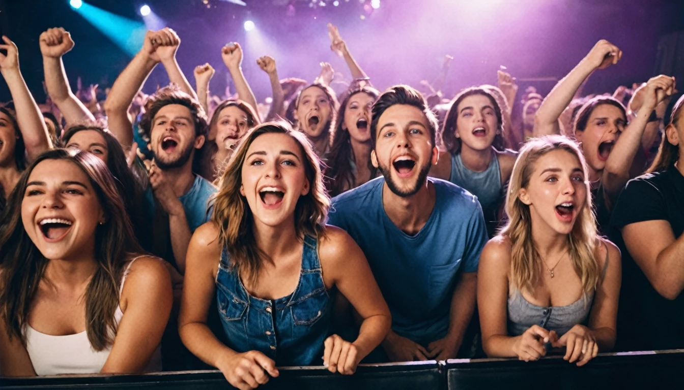 Front row of a concert with a group of excited music fans looking into the camera singing and dancing